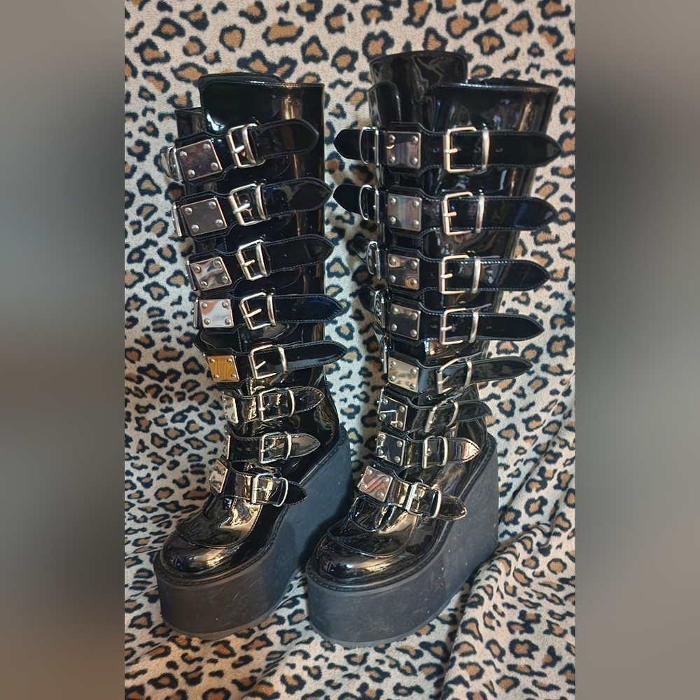 Demonia Swing-815 Wide-Calf Black Patent Combat Boots with Silver Buckles - Picture 3 of 4